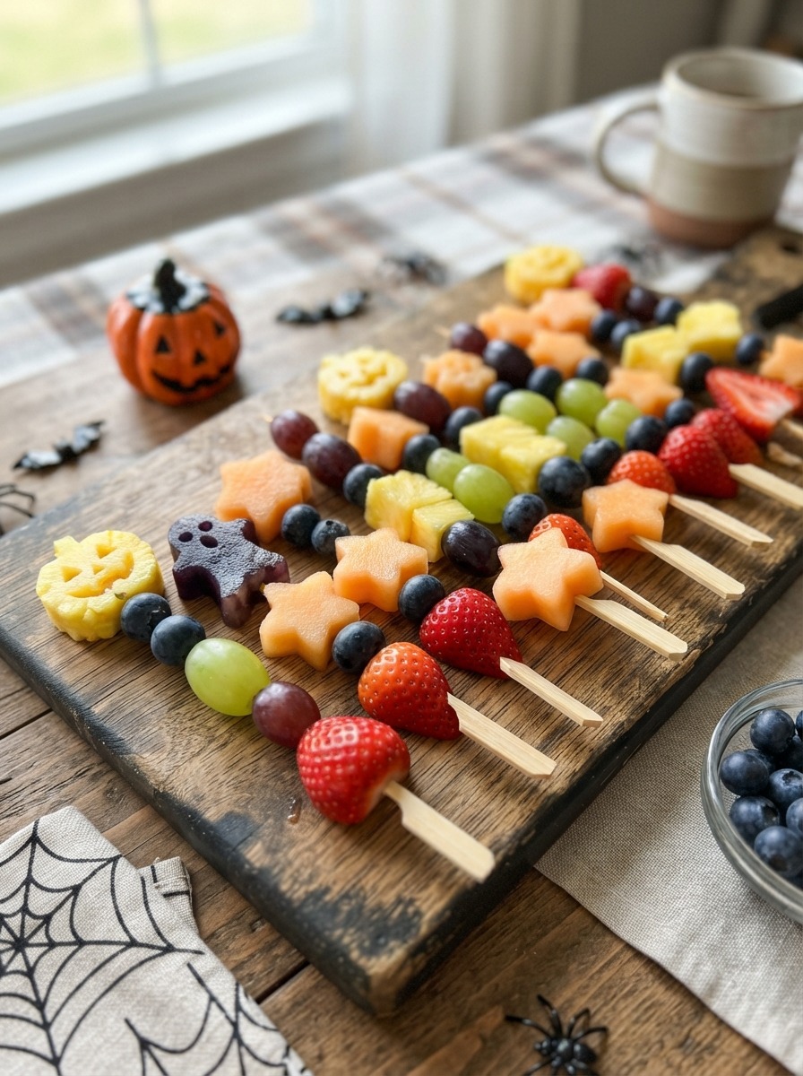 Skewers with grapes, strawberries, and kiwi arranged to look like spooky faces or animals.